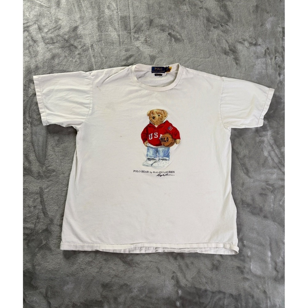 Polo Ralph Lauren Basketball T-Shirt the Big Fit Bear Mens S White Crew neckline